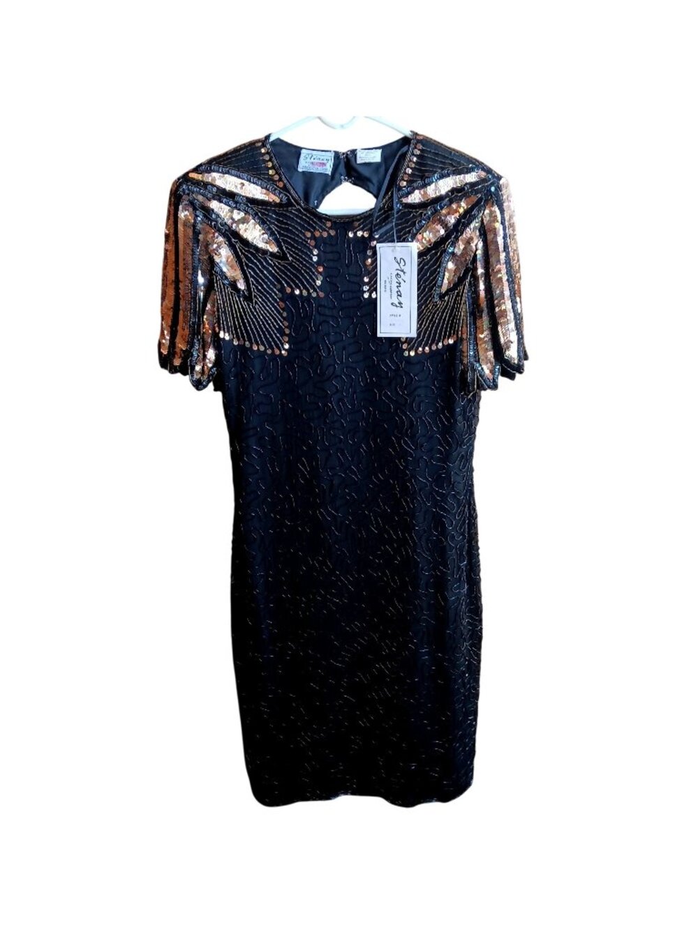 New Medium 10 Vintage Stenay Sequin Beaded Dress Black Gold 100% Silk Made India